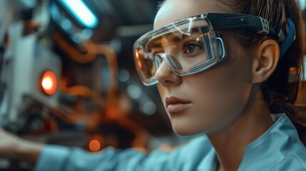 Factory worker using AR glasses, assembling parts