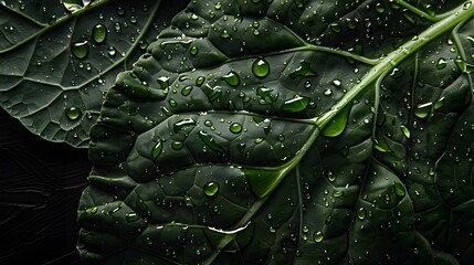 Fototapeta premium A close-up shot of a fresh collard green leaf with droplets of water glistening on its surface, showcasing its fresh and juicy texture, set against a dark, textured background to enhance the vibrant
