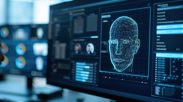 Facial recognition scan on computer screen, representing advanced AI and biometric technology for digital security and identification purposes.