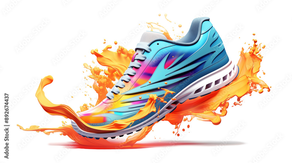 Poster running shoes with colorful splashes isolated on transparent background