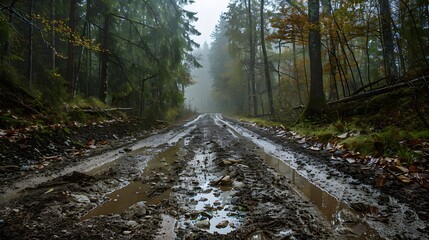 Obraz premium The road conditions were bad in the middle of a muddy and rocky forest. 