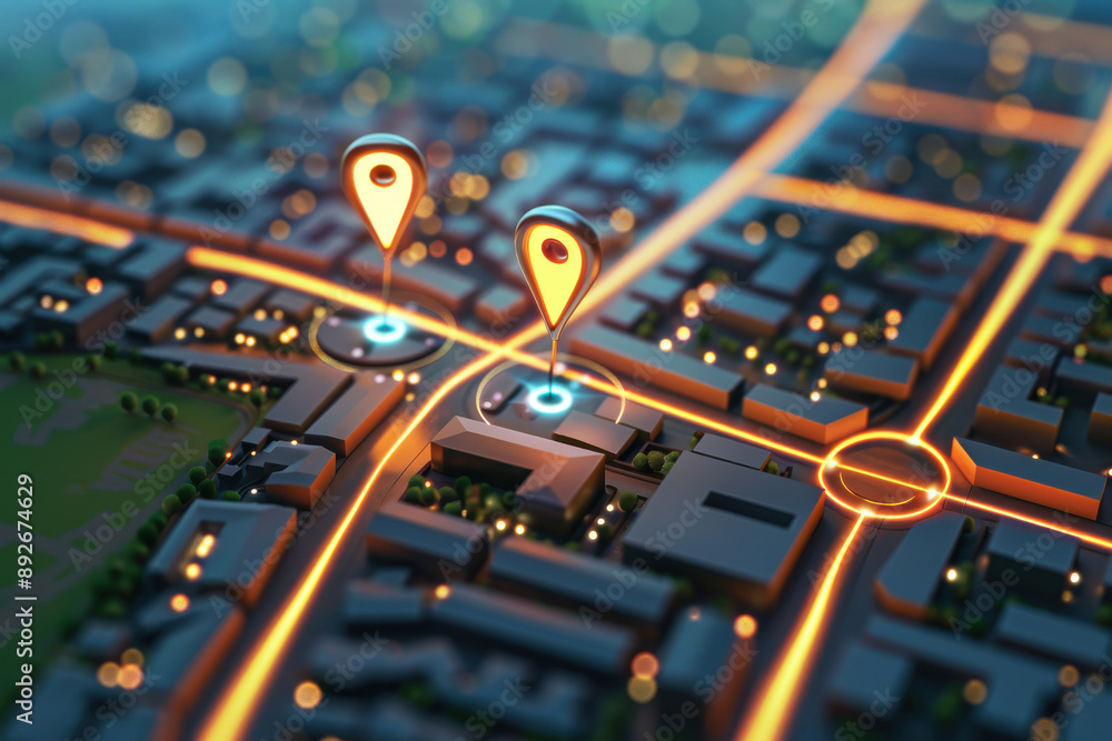 Poster abstract digital city map with glowing navigation pins, representing gps or location tracking techno