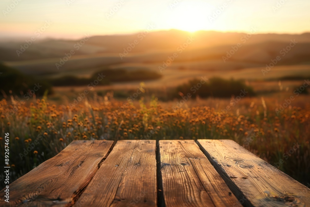 Poster a wooden table with a view of a field and a sunset in the background