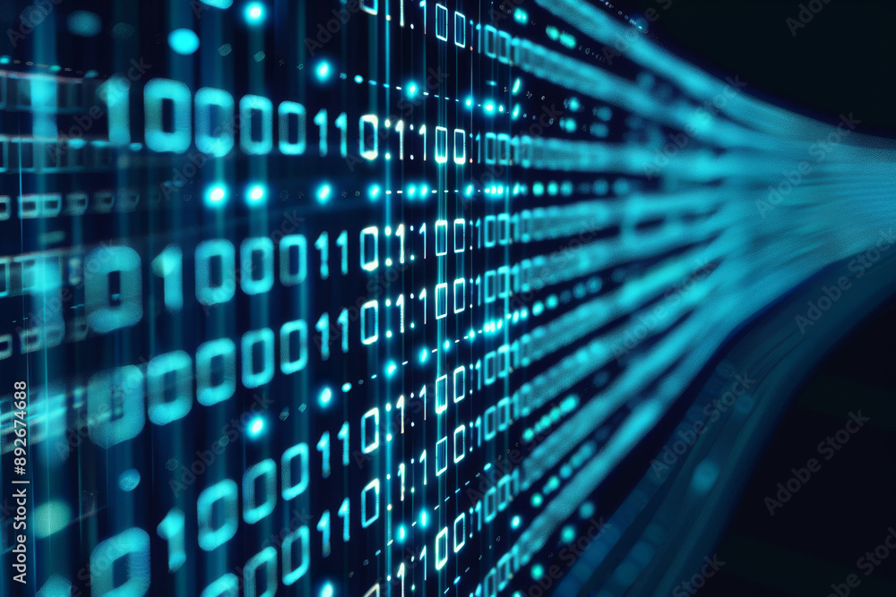 Aufkleber neon glow blue digital binary code, futuristic technology abstract background