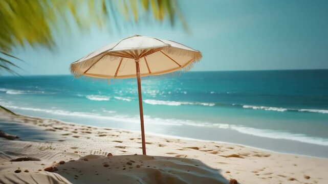 Single Umbrella on Sunlit Tropical Sandy Beach.