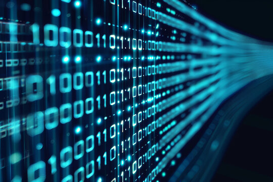 Neon glow blue digital binary code, futuristic technology abstract background