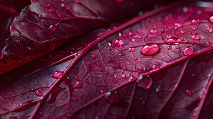 Fototapeta premium Macro Photography of Dew Drops on Burgundy Leaves