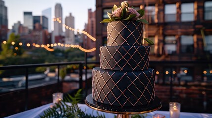sleek cake with a matte charcoal finish and minimalist rose gold geometric patterns, set against a backdrop of an upscale, urban rooftop party