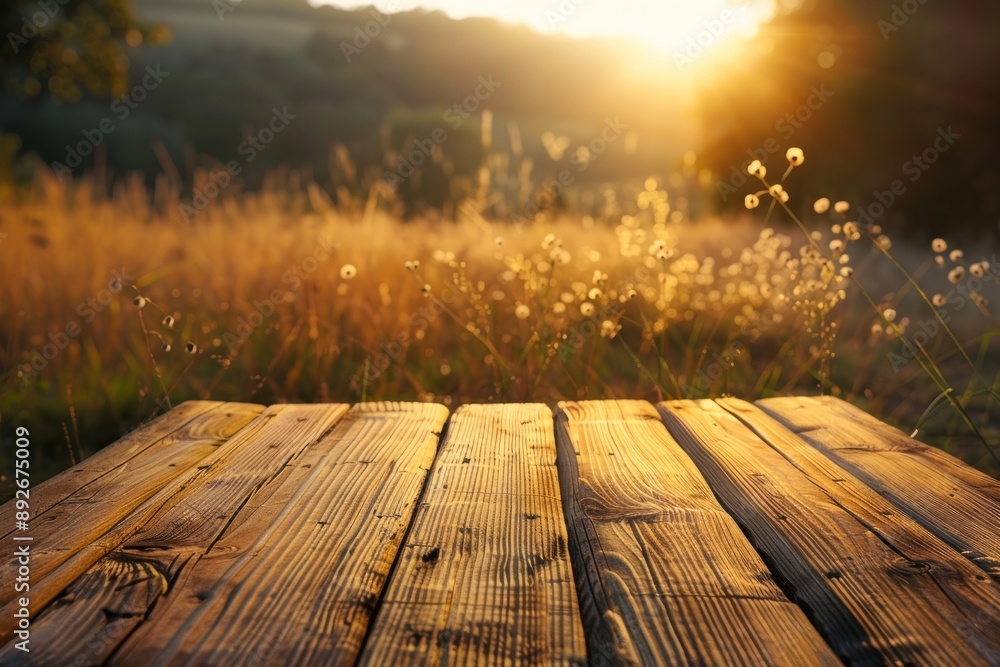 Poster a wooden table with a view of a field and a sun setting