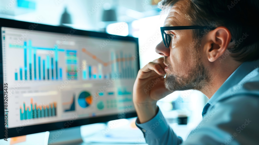 Poster a businessman is looking at a computer monitor with a lot of graphs on it, data analysis concept