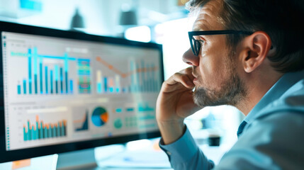 Fototapeta premium A businessman is looking at a computer monitor with a lot of graphs on it, data analysis concept