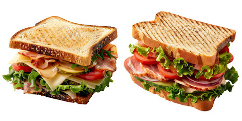 Fresh Grilled Sandwiches with Lettuce, Tomato, Ham, and Cheese, Isolated for Gourmet Lunch Ideas