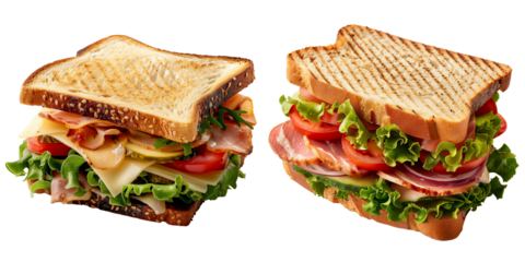Fresh Grilled Sandwiches with Lettuce, Tomato, Ham, and Cheese, Isolated for Gourmet Lunch Ideas