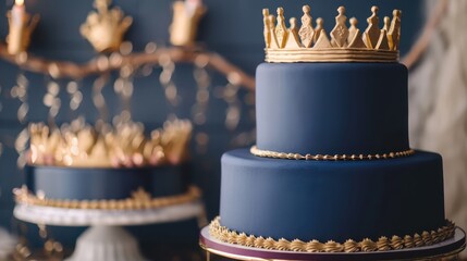 sleek cake with a matte royal blue finish and minimalist gold crown designs, set against a backdrop of a regal, king's coronation theme party