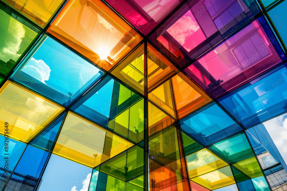 Poster a colorful building with a lot of windows and a sun shining through them, abstract background