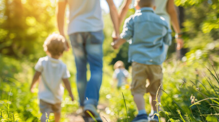 Fototapeta premium A family with kids is walking through a grassy field, enjoying a nature walk