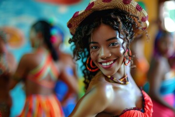 Fototapeta premium Smiling Young Black Woman in Straw Hat at Carnival Celebration - Colorful Background