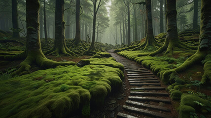 A beautiful serene of a moss-covered forest trail