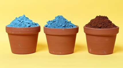 Three Terracotta Pots Filled With Colorful Soil on a Yellow Background