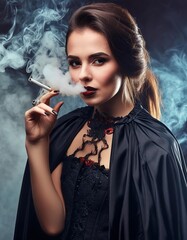 Obraz premium Confident Woman Smoking in Gothic Black Attire with Dramatic Smoke. Glamour and sensual