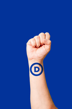 Raised fist democratic party logo blue background