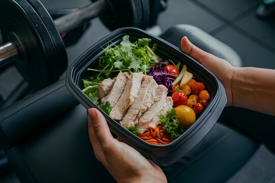 Man holding a plastic black container box healthy fitness meal including white meat diet, fresh green salad and vegetables dish Tasty calorie lunch protein foods, athlete muscle building, gym interior