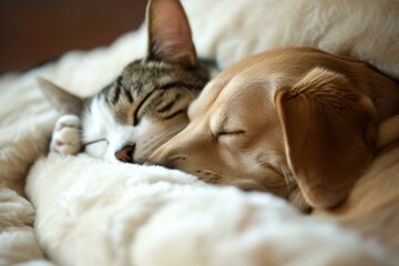Peaceful cat and dog cuddling together, sleeping on a soft blanket