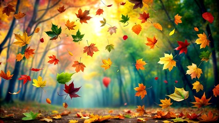 A Tapestry of Leaves: A vibrant forest scene bursting with color as leaves of various hues dance in the gentle breeze, creating a breathtaking spectacle of nature. Generative AI image