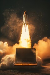 Rocket Launching from Laptop in Cosmic Background created by ai