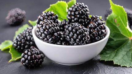 A Bowl of Blackberries Nestled Among Green Leaves