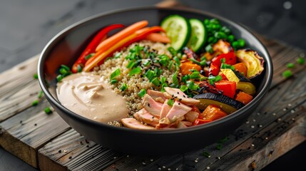 A detailed shot of a colorful Buddha bowl with quinoa, roasted vegetables, and a tahini dressing, on a rustic wooden table