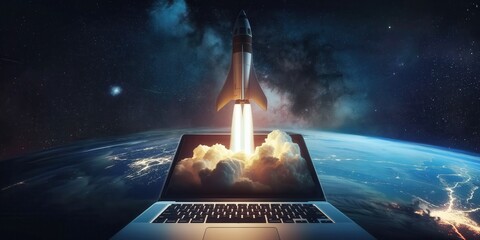 Rocket Launching from Laptop in Cosmic Background created by ai