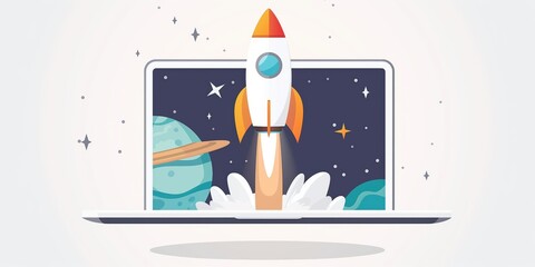 Rocket Launching from Laptop in Cosmic Background created by ai