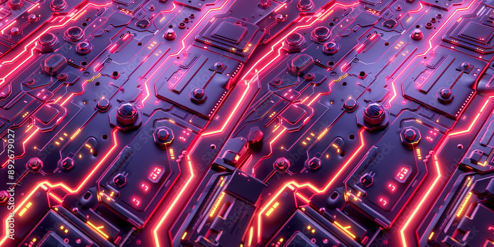 Poster abstract 3d render of futuristic circuit board with red and yellow lights