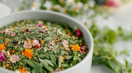 A close-up of a herbal tea blend with various dried herbs and flowers, in a cozy kitchen, high-resolution photo, realistic photo, cinematography, hyper realistic