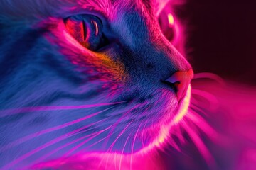 Fototapeta premium Closeup of a cat's face illuminated by vibrant neon lights, highlighting its features