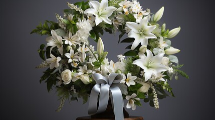 White lily wreath with blue ribbon, perfect for sympathy or funeral arrangements.