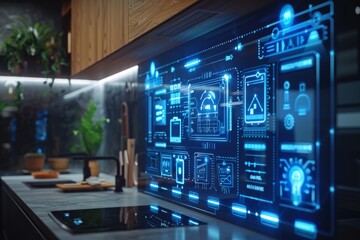 Obraz premium Futuristic kitchen with digital interface on wall. Smart home technology. Modern living concept.