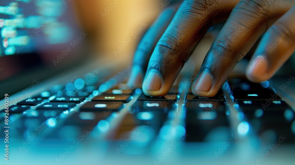 Poster a person is typing on a computer keyboard with a bright orange glow. concept of urgency and focus as