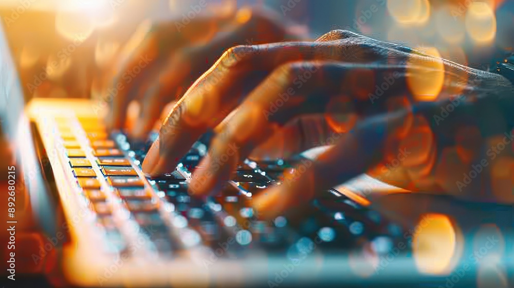 Poster a person is typing on a computer keyboard with a bright orange glow. concept of urgency and focus as