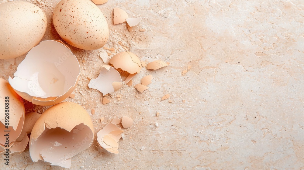 Poster broken eggshells on a textured surface
