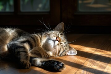 Serene tabby cat enjoys a warm sunbath on a wooden floor