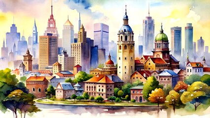 Obraz premium A Journey Through the City: A Watercolor Illustration Captures the Beauty and Details of Urban Architecture Generative AI Art