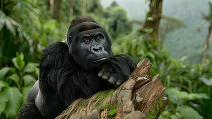 Obraz premium A large, black gorilla rests on a tree trunk, its head resting on its forearms, as it looks out at the surrounding rainforest