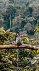 A large, black gorilla rests on a tree trunk, its head resting on its forearms, as it looks out at the surrounding rainforest