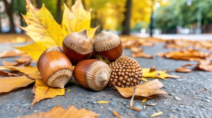 Fototapeta premium Autumnal Treasures: Hazelnuts and Leaves on a Fall Day