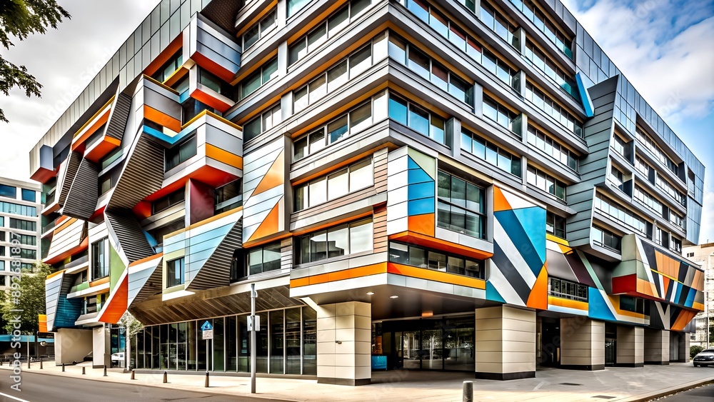 Poster The Architect's Canvas: A Detailed Illustration of a Modern Building with Geometric Shapes and Bold Lines Generative AI Algorithmic art