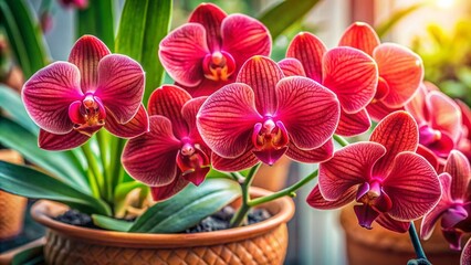 Beautiful orchid flower branch banner panorama, large beautiful flowers, fluffy petals. Fresh floral background with blooming orchid flowers