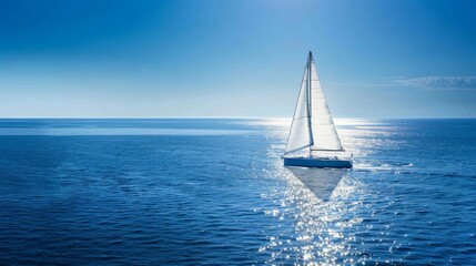 Obraz premium Sailboat gliding across a calm blue sea under a clear sky