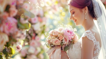 Bride holding lowers bouquet wallpaper background